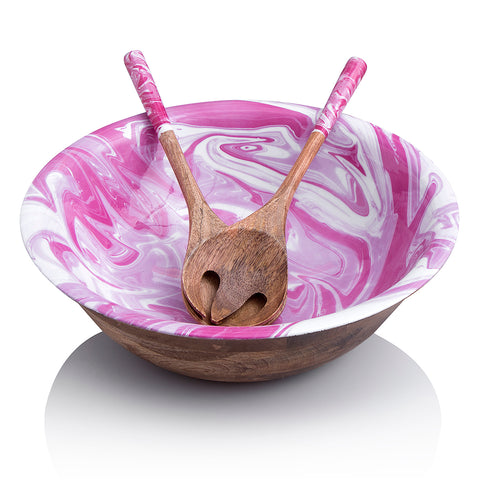 Salad bowl in pure wood with enamel coating - pink marble finish