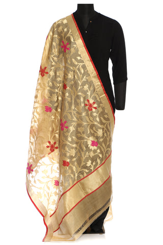 Benarasi katan silk dupatta in beige with red and golden floral weave