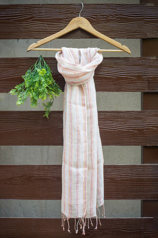 Linen stole - white with peach stripes