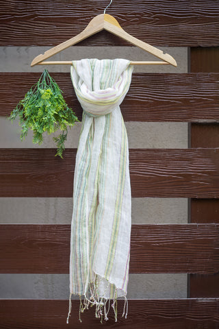 Linen stole - white with green stripes