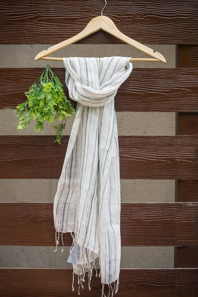 Linen stole - white with thin grey, vertical stripes