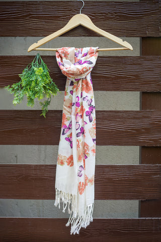 Luxuriously soft stole in white with butterflies and peach flowers