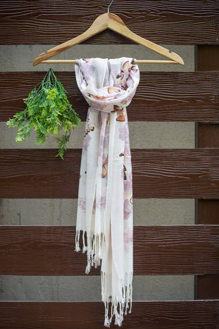 Luxuriously soft stole in white with brown butterflies and mauve flowers