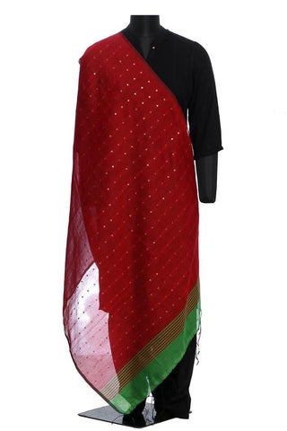 Kolkata cotton silk - Red with sequins and green border