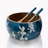 Large serving bowl & spoon in pure wood with enamel coating - bluish-grey and white