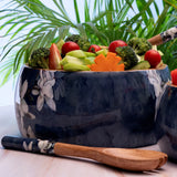 Large serving bowl & spoon in pure wood with enamel coating - bluish-grey and white