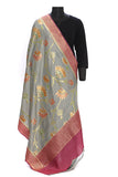 Pure muga silk dupatta - Grey with a pink and gold floral weave