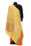Pure muga silk dupatta - Yellow with a long paisley design in pastels