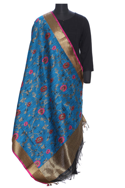 Pure dupion silk benarasi dupatta in blue and gold with pink and red motifs