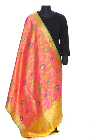 Pure dupion silk benarasi dupatta in bright pink and gold with blue and green motifs