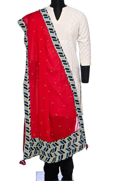 Cotton with mirror work and ajrakh border - red